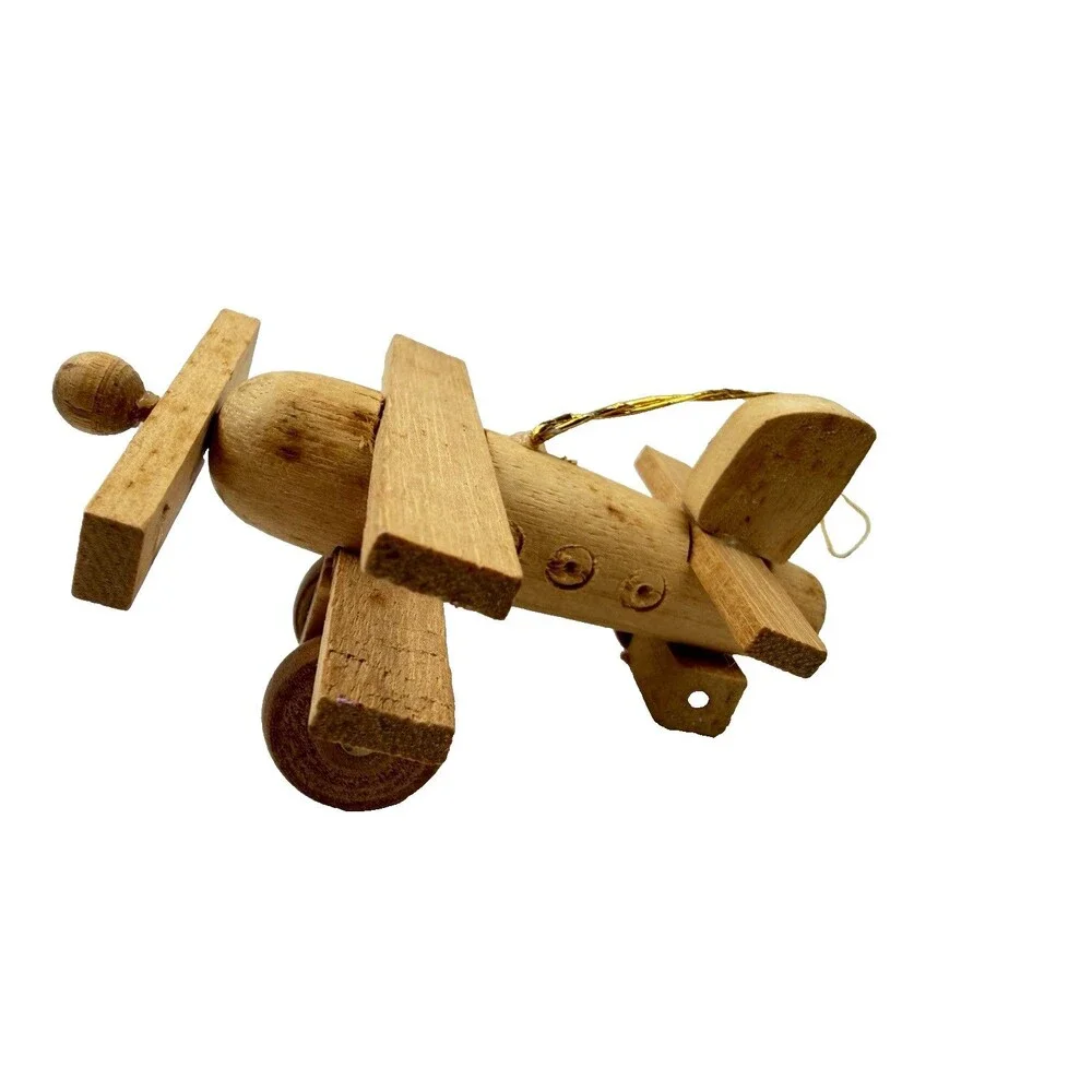 Vintage Wooden Airplane Christmas Ornament Folk Art Propeller Plane Handmade 3”